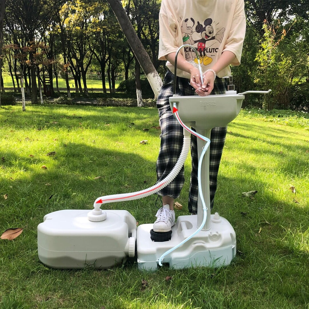 Portable Outdoor Foot Pump Camping Sink and Water Tank - White