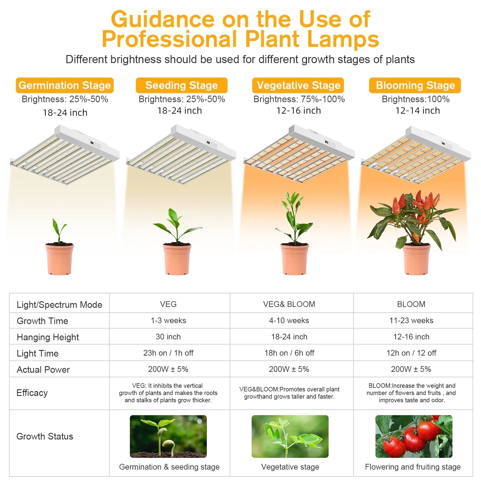 Grow Light 200W with Full Spectrum Veg & Bloom Dimmer Timer - 3x3ft Coverage Sunlike Grow Lamps for Indoor Plants - Seeding, Flowering, and Plant Growth  Plant Light Fixture