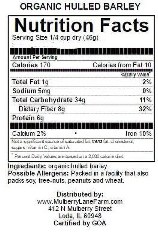Hulled Barley 10 lbs (ten pounds) 100%  Certified Organic
