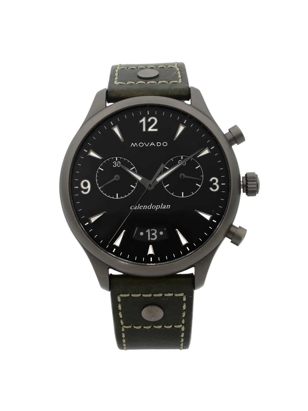 Movado Heritage Gunmetal Steel Green Leather Black Dial Quartz Watch 3650029 Pre-Owned