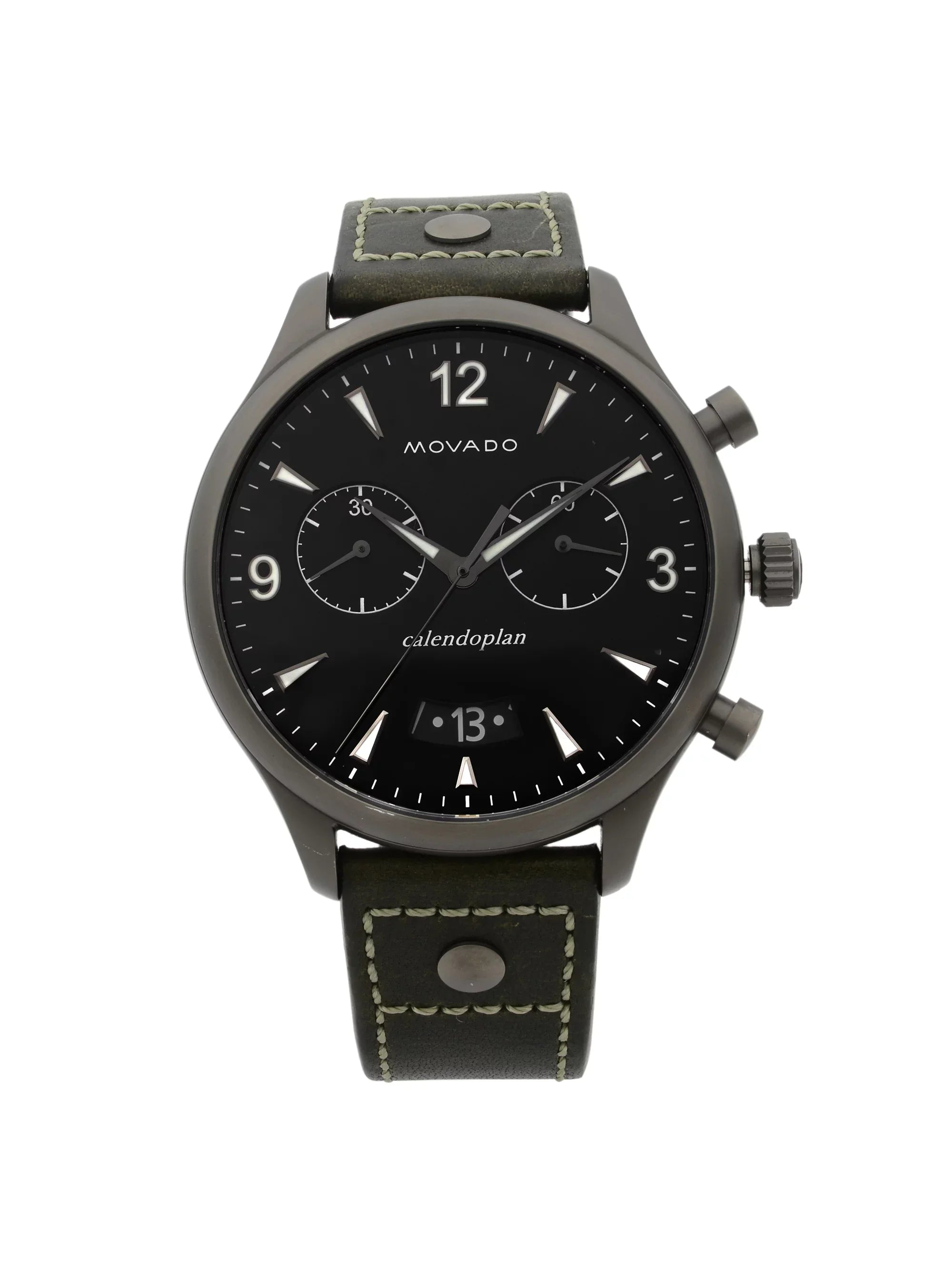 Movado Heritage Gunmetal Steel Green Leather Black Dial Quartz Watch 3650029 Pre-Owned