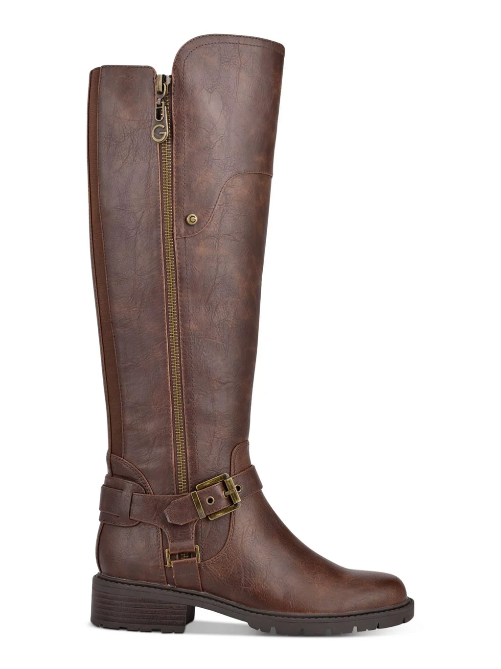 Womens Brown 1/2" Platform Stretch Gore Padded Zipper Accent Buckle Accent Tealin Round Toe Block Heel Zip-Up Riding Boot 6