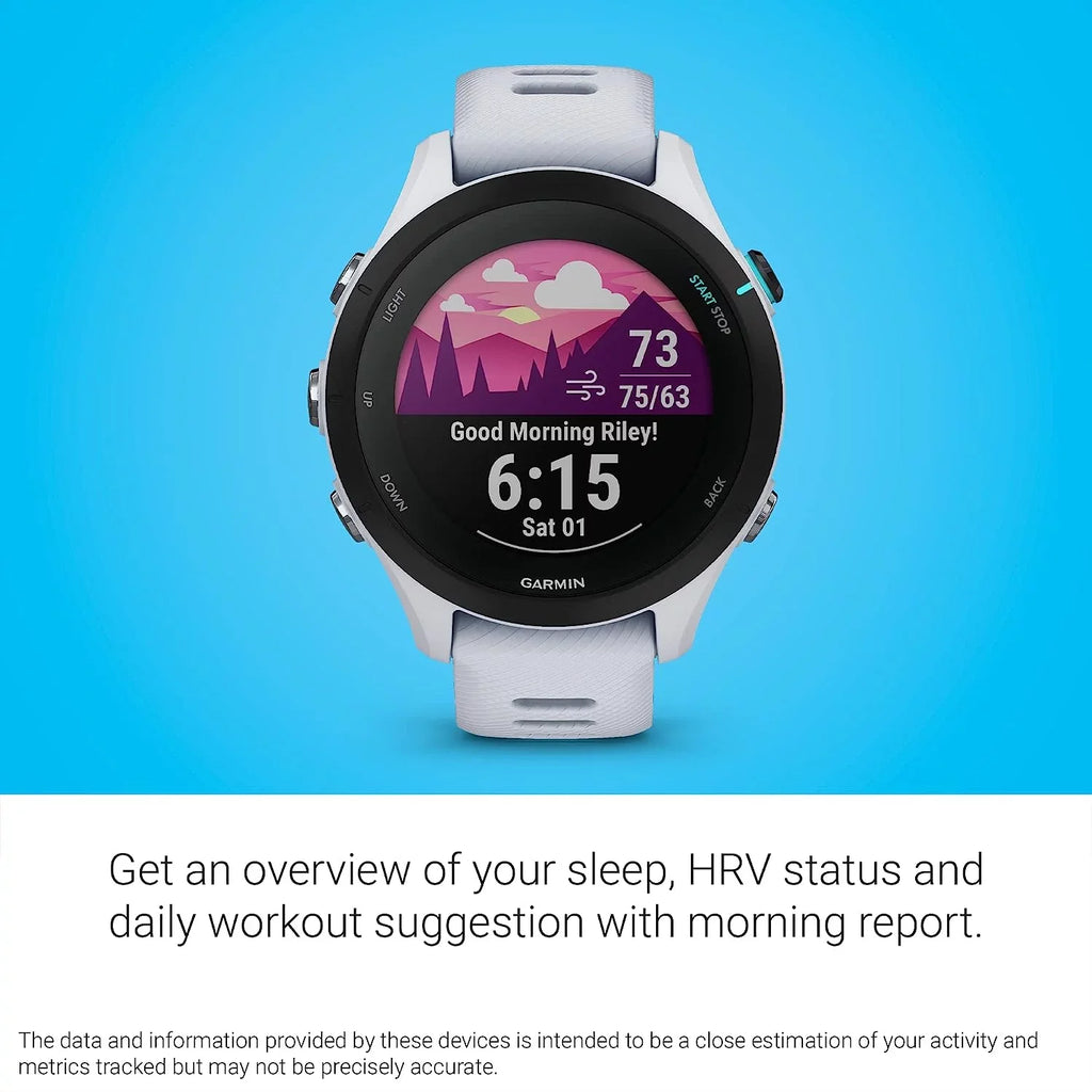 Garmin Forerunner 255S Music, Smaller  Running Smartwatch with Music, Advanced Insights, Long-Lasting Battery, Whitestone with Charging Base, Workout Towel, 6Ave Travel & Cleaning Kit