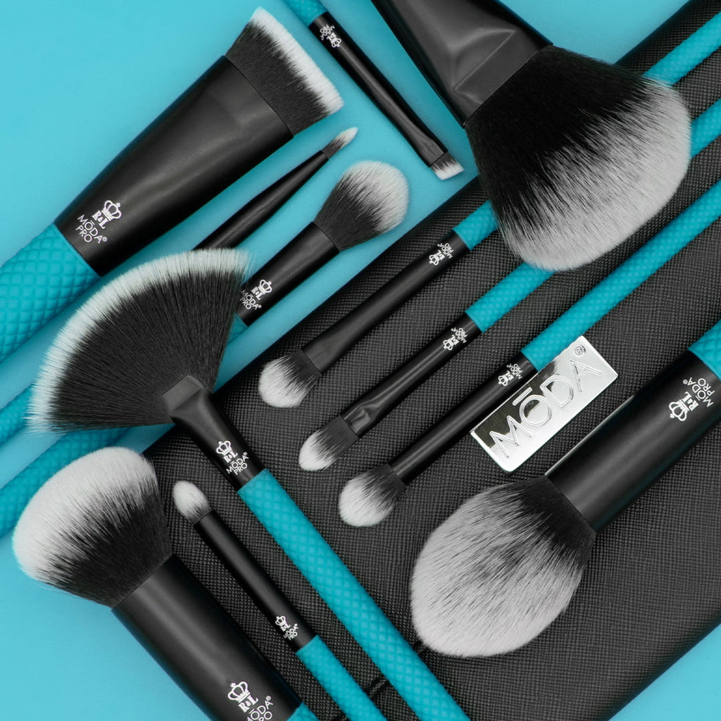 Moda Brush Pro Full Face 13pc Teal Makeup Brush Set with Wrap, Includes Flat Powder, Highlight, and Crease Makeup Brushes