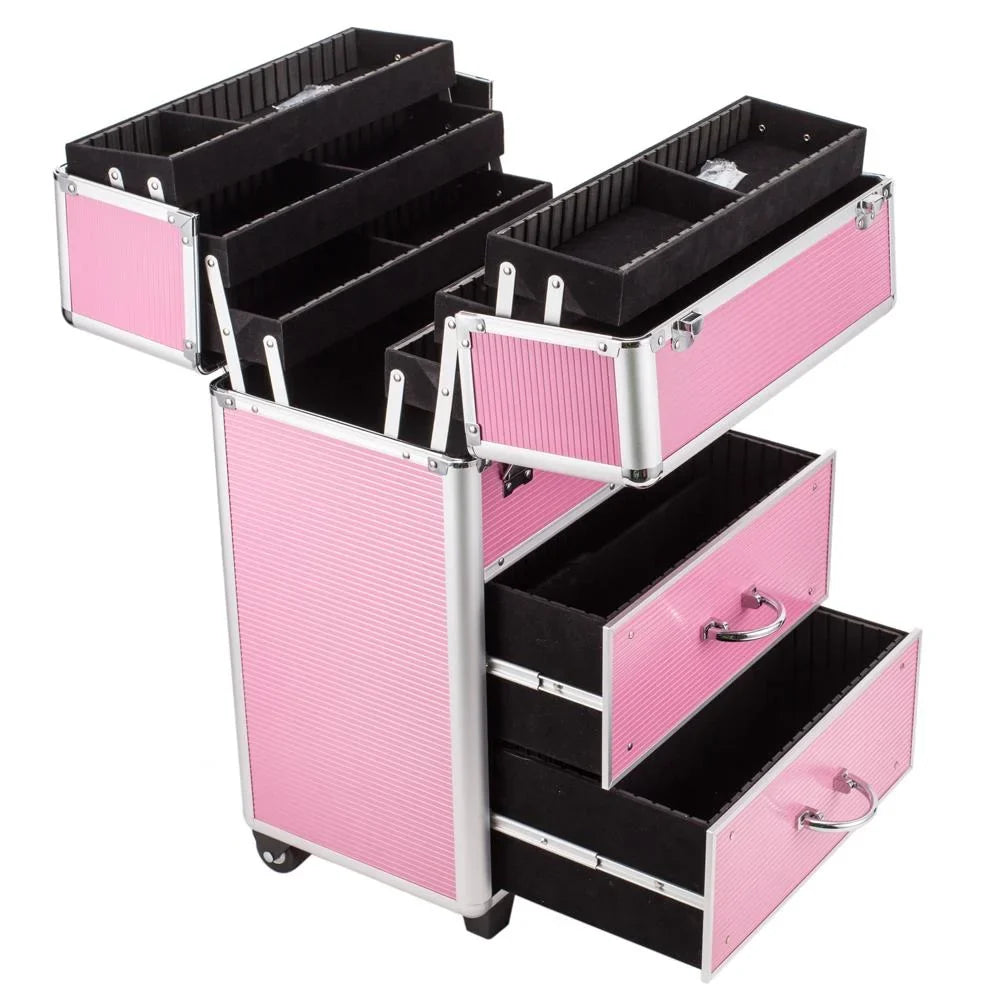 Ktaxon 3 in 1 Pro Rolling Aluminum Makeup Case, Lockable Cosmetic Train Box Storage Trolley, Pink