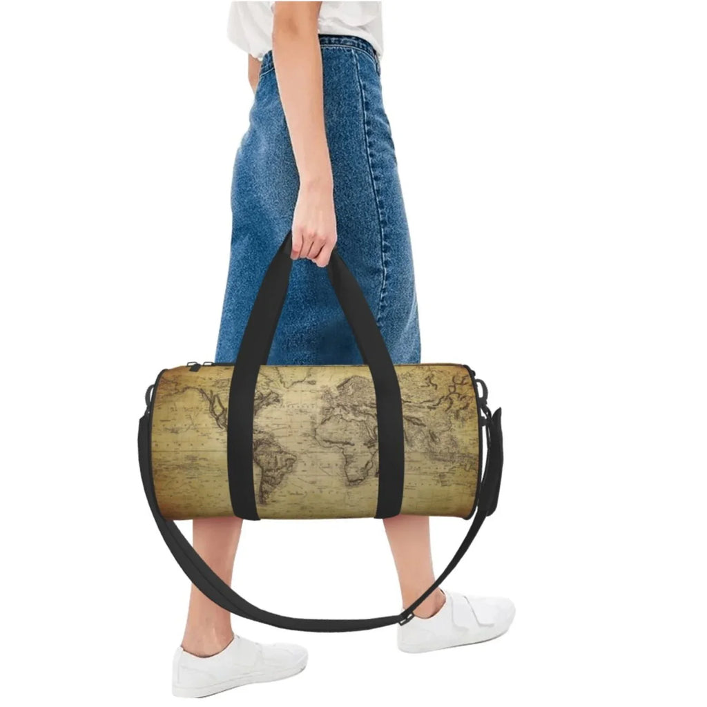 Coaee Vintage World Map Large Capacity Travel Luggage Bag Cylinder Gym Bag Waterproof Sports Bag with Pocket and Compartment