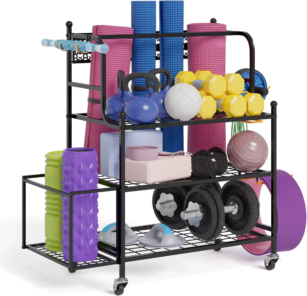 & Yoga Mat Storage Racks, Home Gym Storage Rack for Organizing Kettlebells Dumbbells Foam Roller, All-in-One Workout Equipment Storage Organizer with Hooks and Wheels, Yoga Strap and Resistance Band