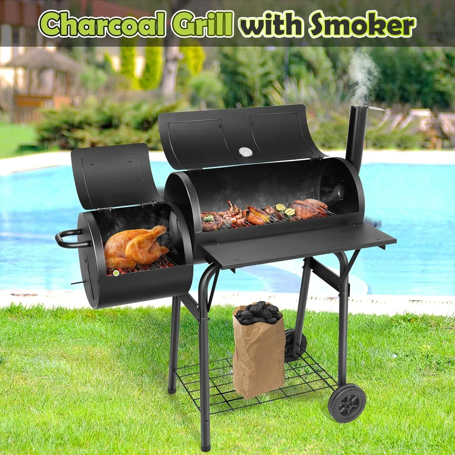 Outdoor  Grill, Barrel Charcoal Grill with Offset Smoker, Camping Barbecue Grill for Patio Backyard Garden Party Picnic, Large 420.. Cooking Area, 2 Screwdrivers & 6 Hooks - Black