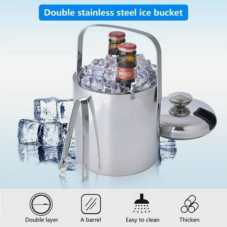 Double-Wall Stainless-Steel Insulated Ice Bucket With Lid & Ice Tong 1300