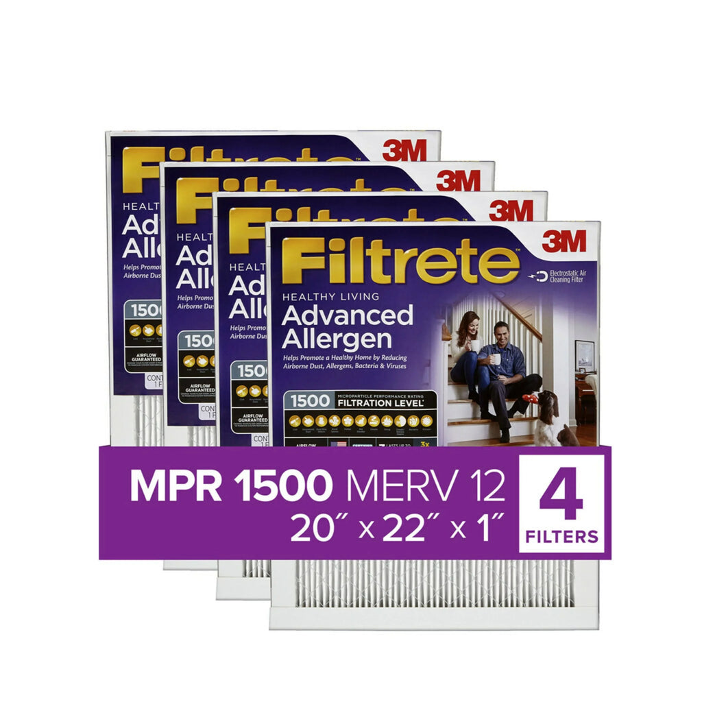 Filtrete by 3M, 20x22x1,  12, Advanced Allergen Reduction  Furnace Air Filter, Captures Allergens, Bacteria, Viruses, 1500 , 4 Filters