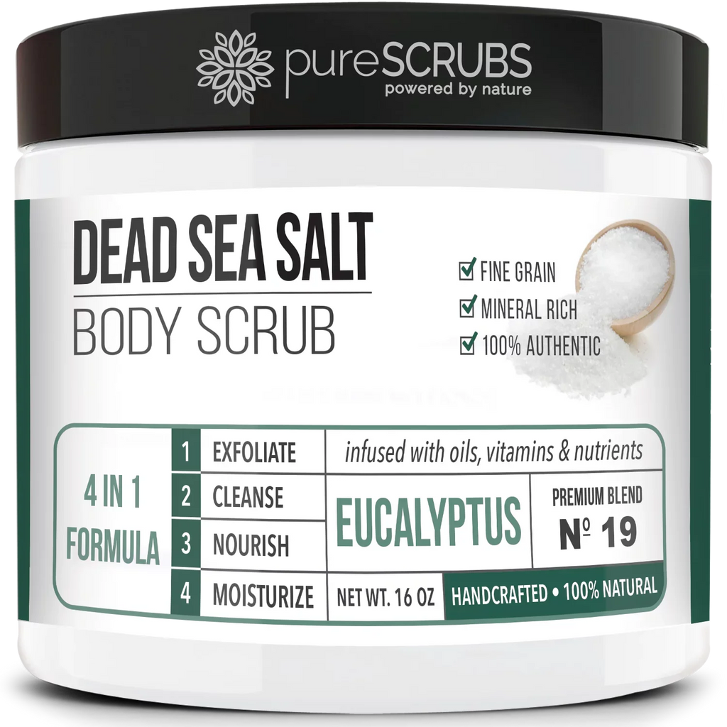 pureSCRUBS Premium Organic Body Scrub Set - Large 16oz    - Pure Dead Sea Salt Infused Organic Essential Oils & Nutrients +  Wooden Spoon, Loofah & Mini Exfoliating Bar Soap
