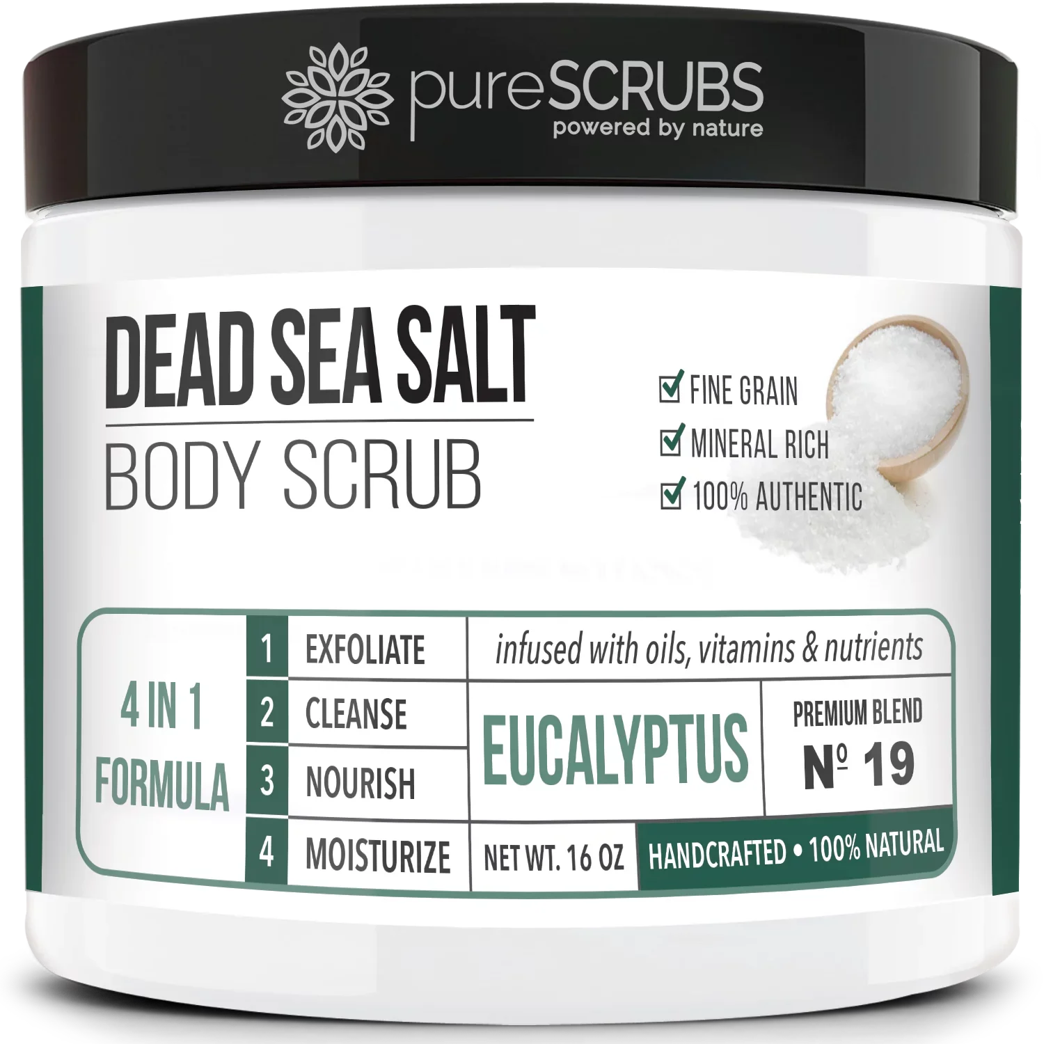 pureSCRUBS Premium Organic Body Scrub Set - Large 16oz    - Pure Dead Sea Salt Infused Organic Essential Oils & Nutrients +  Wooden Spoon, Loofah & Mini Exfoliating Bar Soap