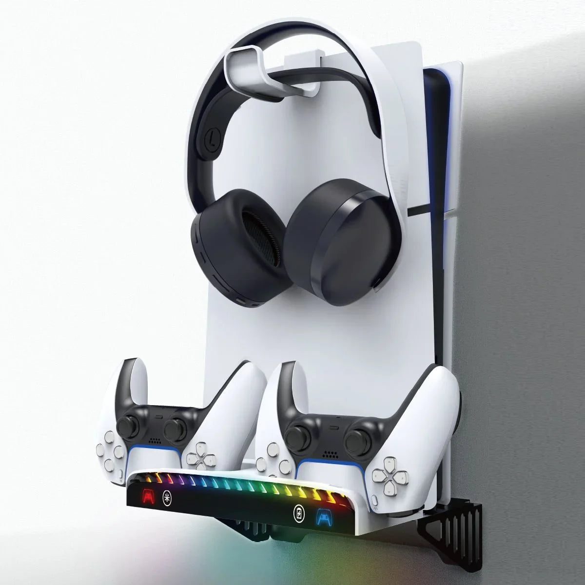 Multi-Functional Wall Mount Bracket for PlayStation Slim Console with Controller Charging Dock-Black White