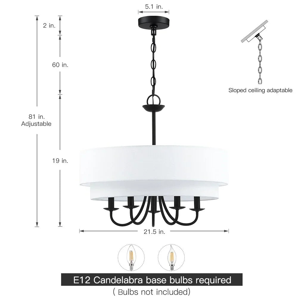 Martina 5-Light Black Chandelier Light with White Double Drum Shade - 21.5"