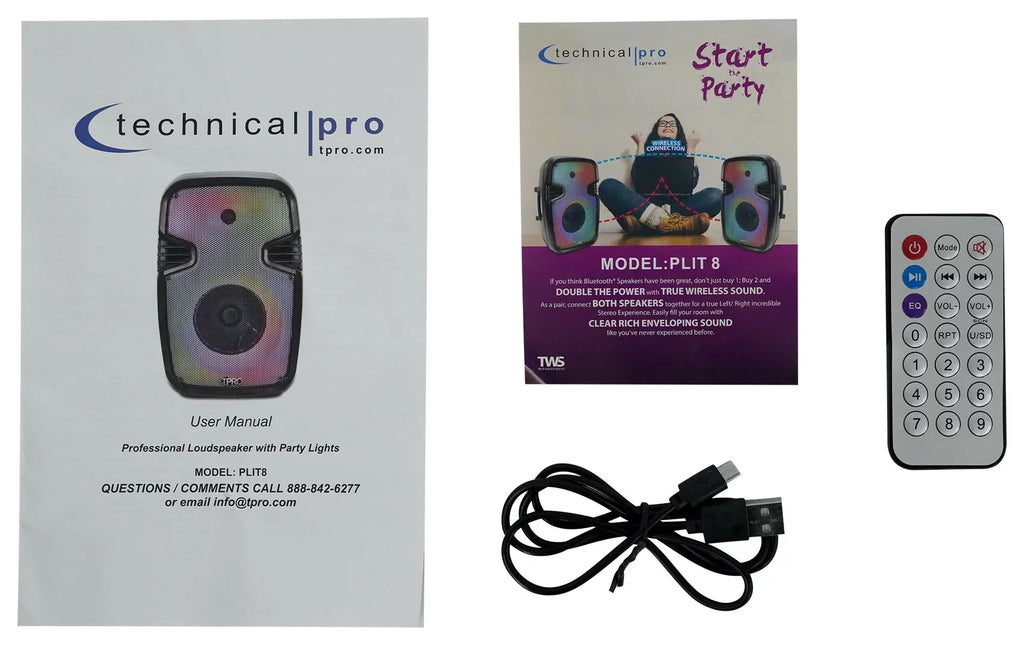 (2) Technical Pro  Portable 8" Bluetooth  Party Speakers+Wireless Link