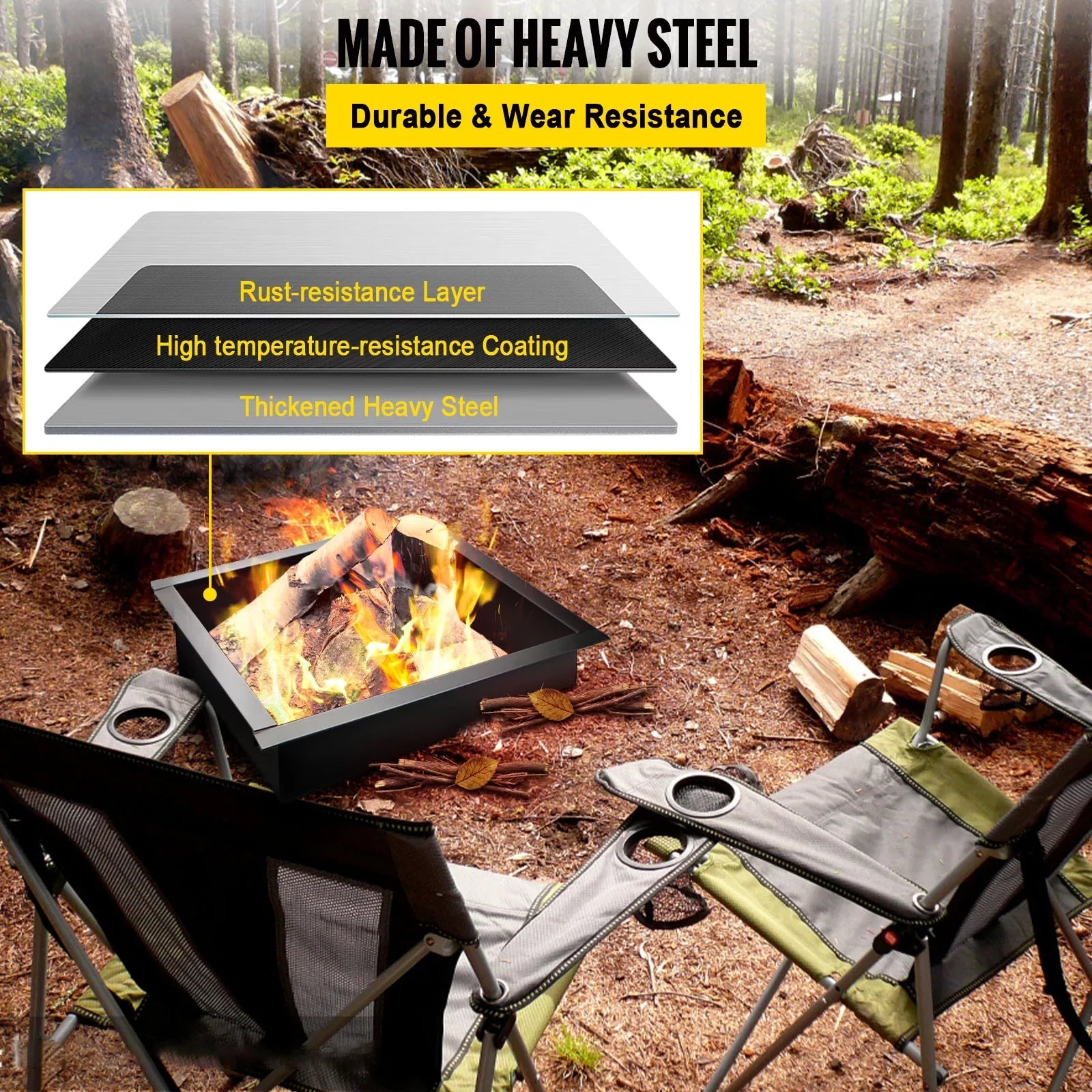 Fire Pit Ring, 36" Square Fire Pit Insert, Heavy Duty Steel Fire Ring,  Bonfire Liner with Tongs Insert with Simple Installation for Outdoor, Patio, Backyard