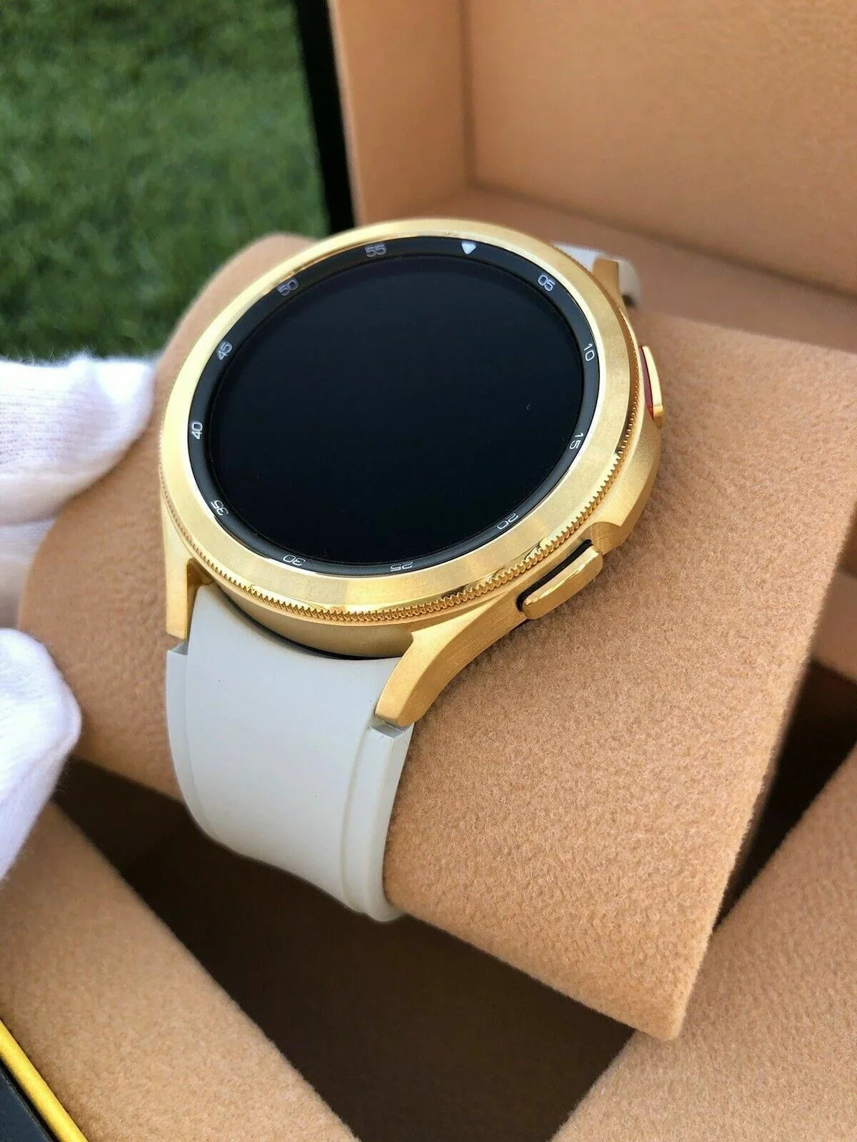 Custom 24k Gold Plated 46mm Samsung Galaxy Watch 4 Gold Bezel Gray Gold Band
