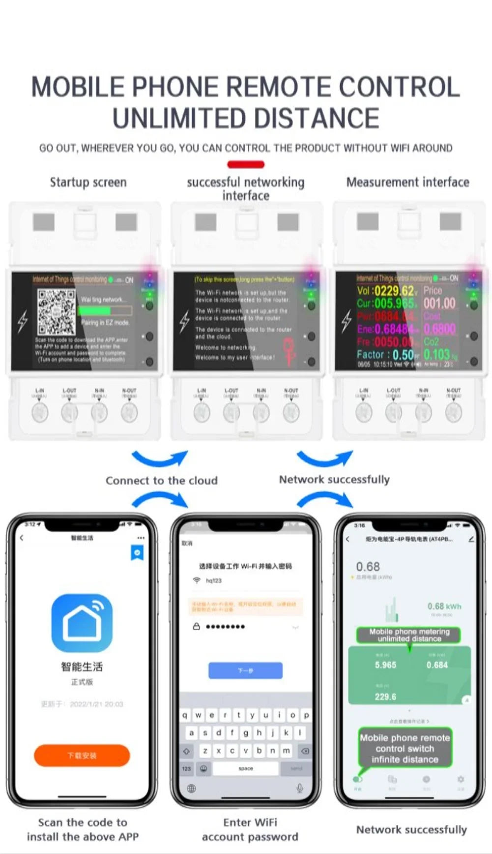 Tuya Wifi/Bluetooth  100A Din Rail Smart Switch Remote Control  220V 110V Digital Energy Kwh Frequency Factor Meter