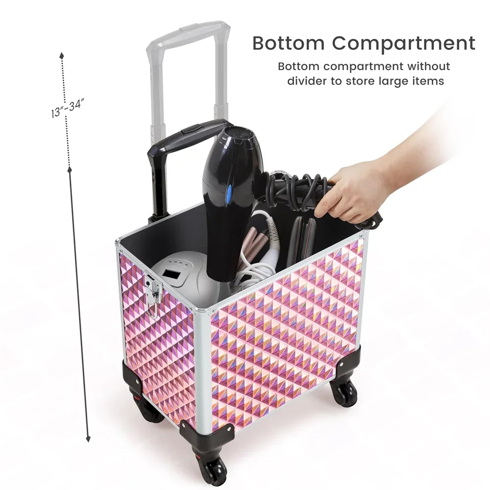Topeakmart 3-in-1 Rolling Makeup Train Case Cosmetic Trolley with Large Storage, Pink
