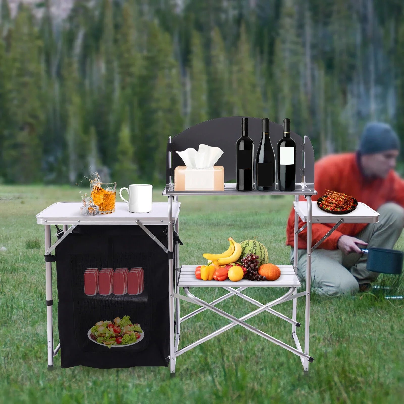Folding Camping Kitchen Table Outdoor Cooking Table with Detachable Windscreen