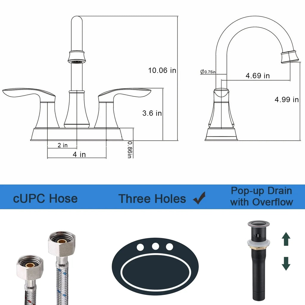 Kichae 4 Inch Vanity Sink Faucet，2-Handle 360 Degree Swivel Bathroom Spout Centerset Faucet with Pop-up Drain & Supply Hoses，Oil Rubbed Bronze