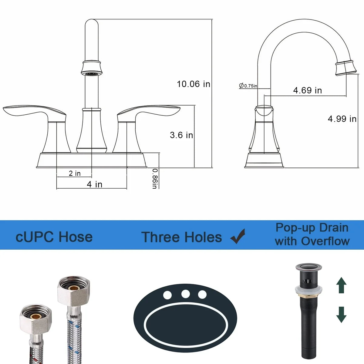 Kichae 4 Inch Vanity Sink Faucet，2-Handle 360 Degree Swivel Bathroom Spout Centerset Faucet with Pop-up Drain & Supply Hoses，Oil Rubbed Bronze