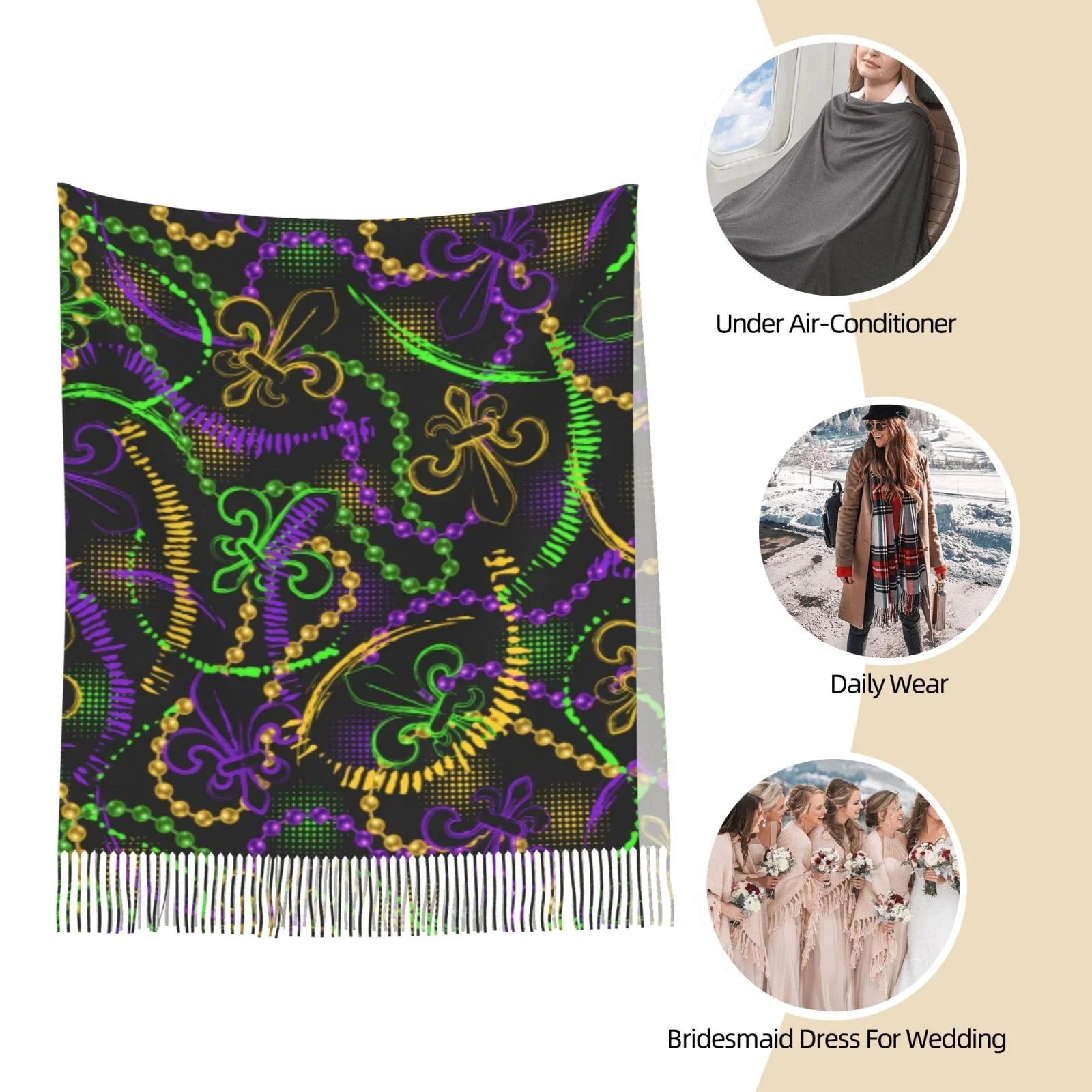 Bingfone Soft Cashmere Feel Scarf For Women Elegant Art Print Winter Warm Scarves Large Shawl Wrap Gifts- Neon Mardi Gras