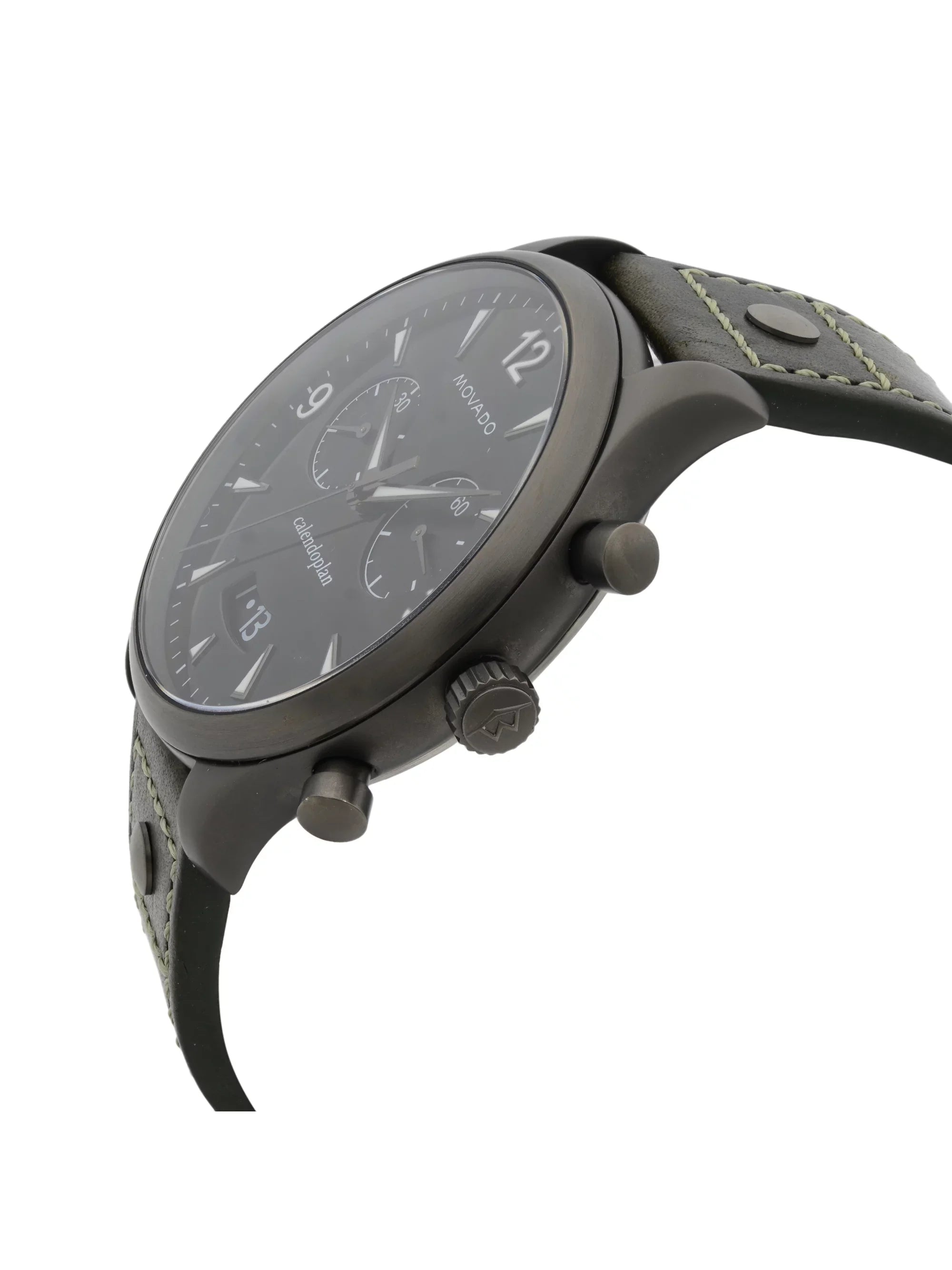 Movado Heritage Gunmetal Steel Green Leather Black Dial Quartz Watch 3650029 Pre-Owned