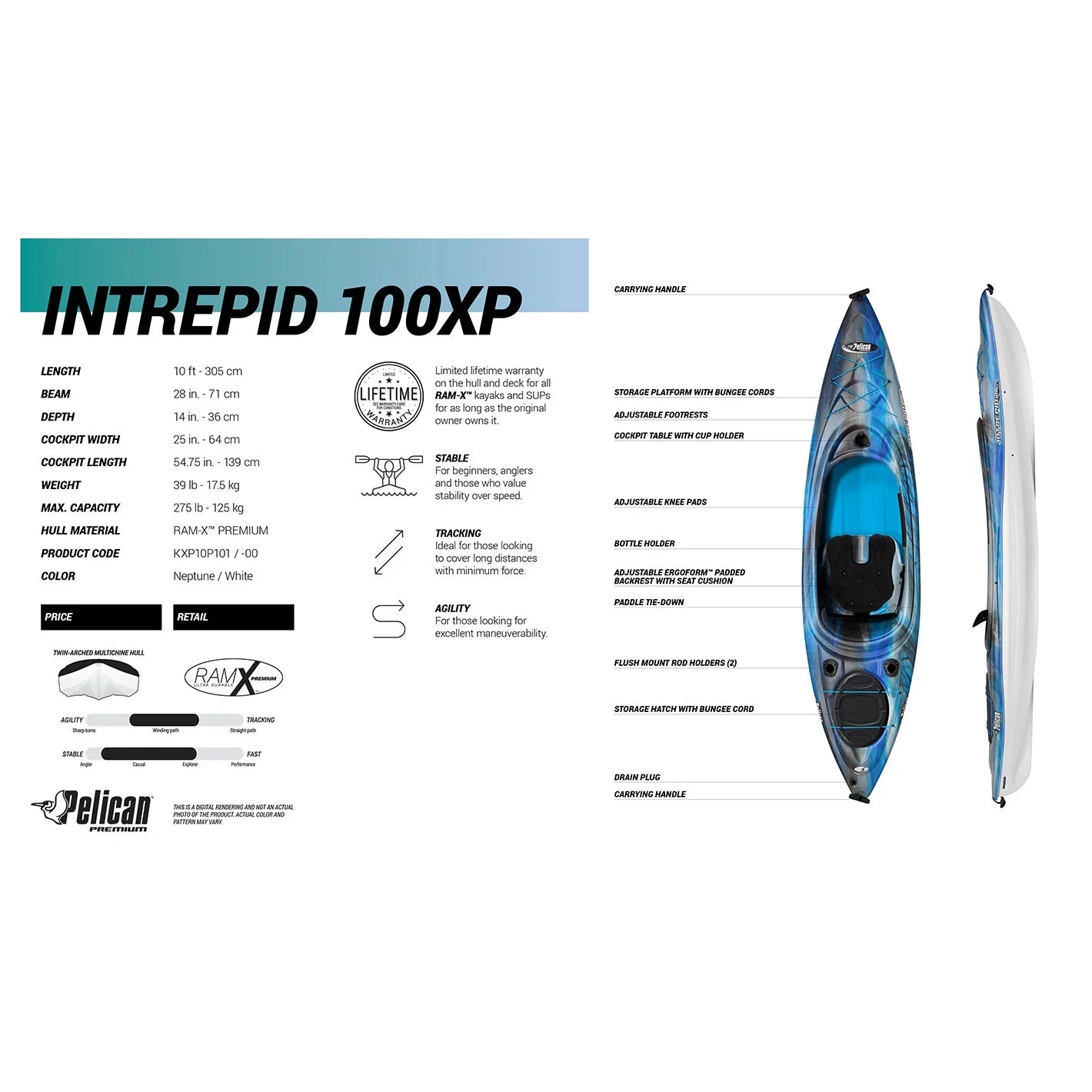Pelican Intrepid 100XP Sit Inside Fishing Kayak, Neptune