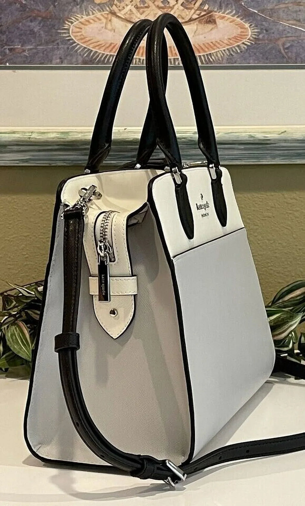 Kate Spade Madison Medium Platinum Grey Colorblock Leather Satchel Bag Purse