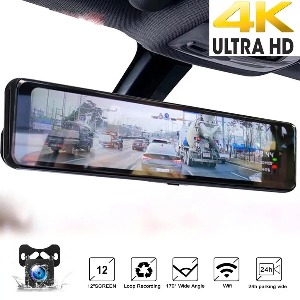 Ele-mall 4K Car Mirror Dash Cam 12" Dual Camera Front and Rear Backup Camera Super Night Vision, Parking Monitoring, Reversing Assistance