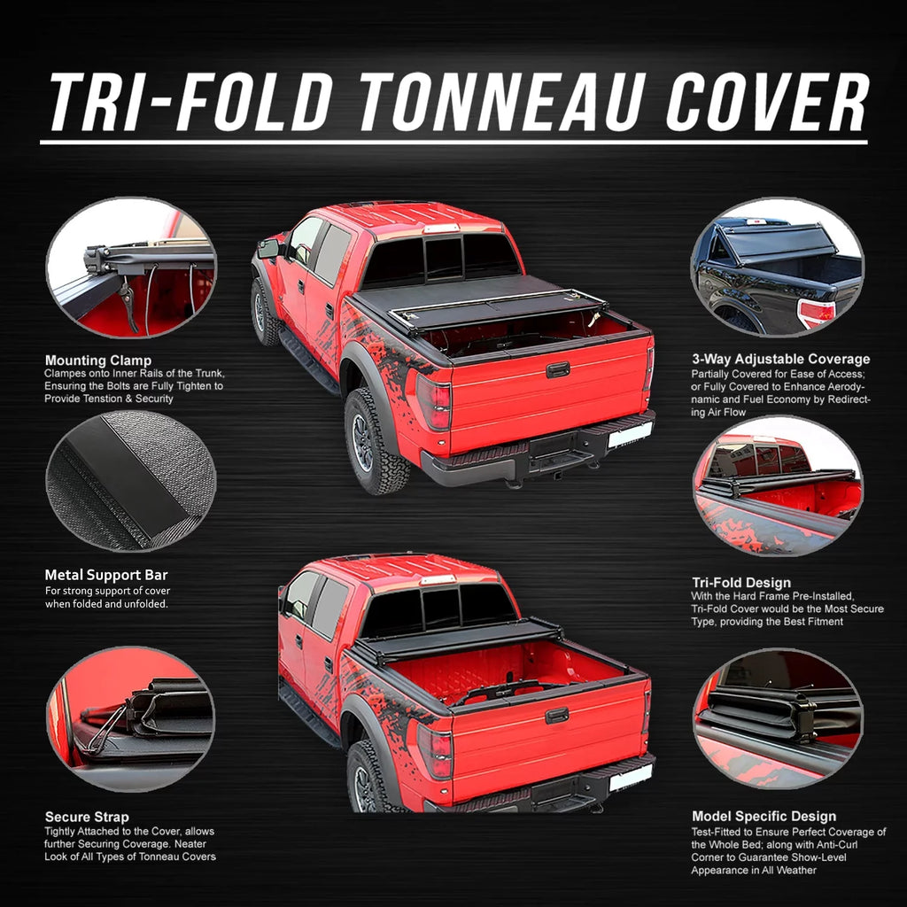 Motoring --090 For 2019 to 2021 Ford Ranger 5Ft Short Bed Adjustable Matte Black Aluminum Frame Vinly Tri -Fold Soft Top Trunk Tonneau Cover 20