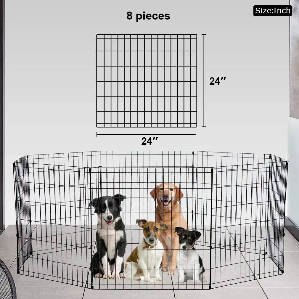 Bestpet Playpen Dog Fence, Exercise Pen Metal Wire Portable Crate Kennel Cage for Small Pet (Dog, Cat, Rabbit) Black, 24 Inches