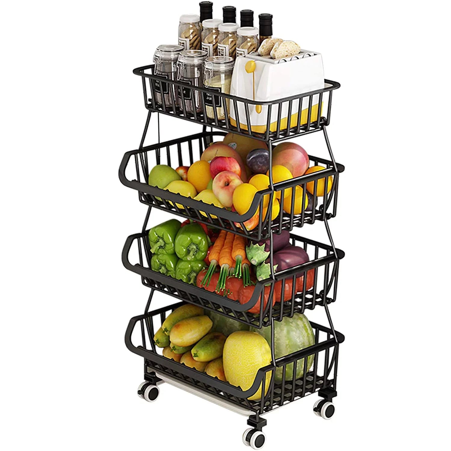 4-Tier Stackable Fruit Basket Vegetable Storage Basket Car for Pantry,Bathroom, Garage Black
