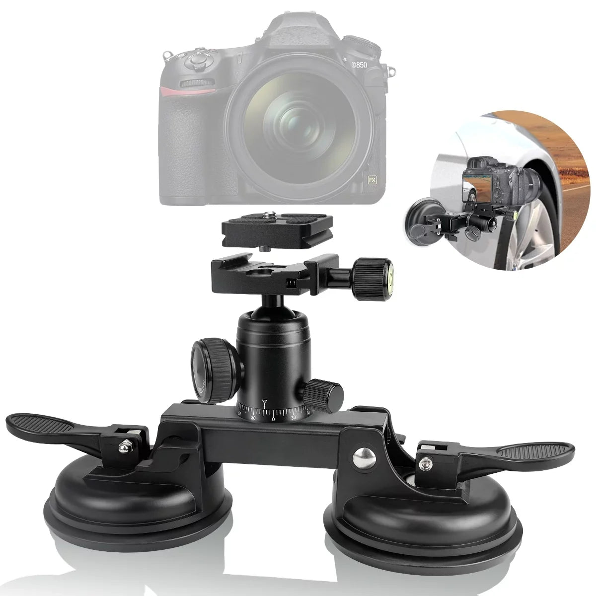 Heavy Duty (20 lbs Load)  Mirorrless Camera Suction Cup Car Mount Camcorder Vehicle Holder 360° Ball Head Compatible with Nikon Canon Sony