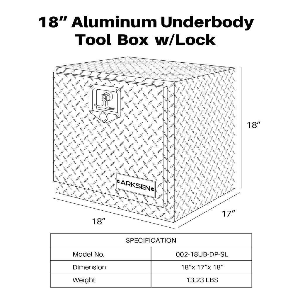 18" Aluminum Truck Underbody Diamond Plate ToolBox w/ -Handle Latch Durable Pickup Trailer Storage Organizer Tool Box Key Lock, Silver