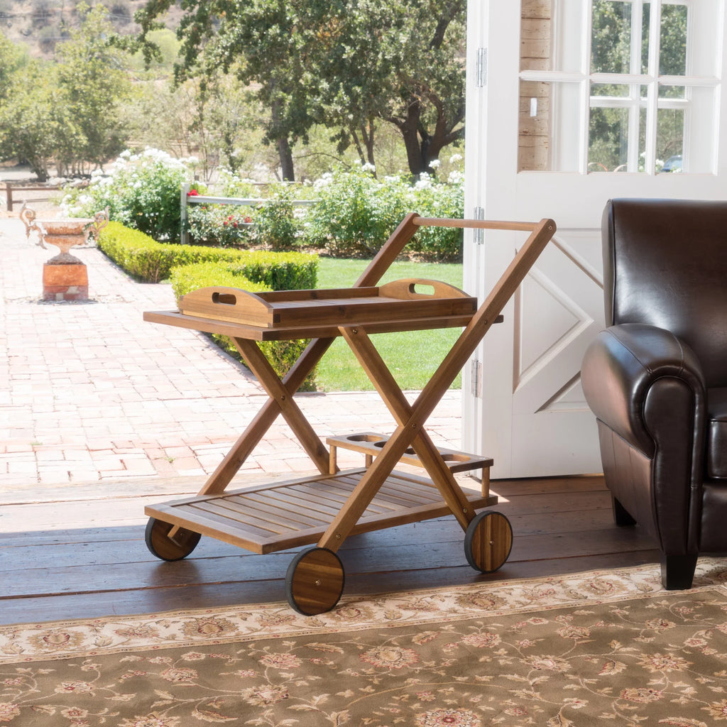 Huppert Acacia Wood Indoor Bar Cart, Natural Stained