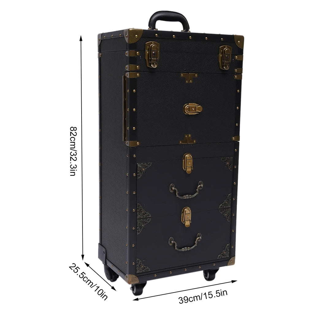 Aiqidi Rolling Lockable Makeup Train Case Hairdressing Trolley Barber Stylist Beauty Salon Cosmetic Luggage Travel Organizer Tool Box with Hair Dryer Holder