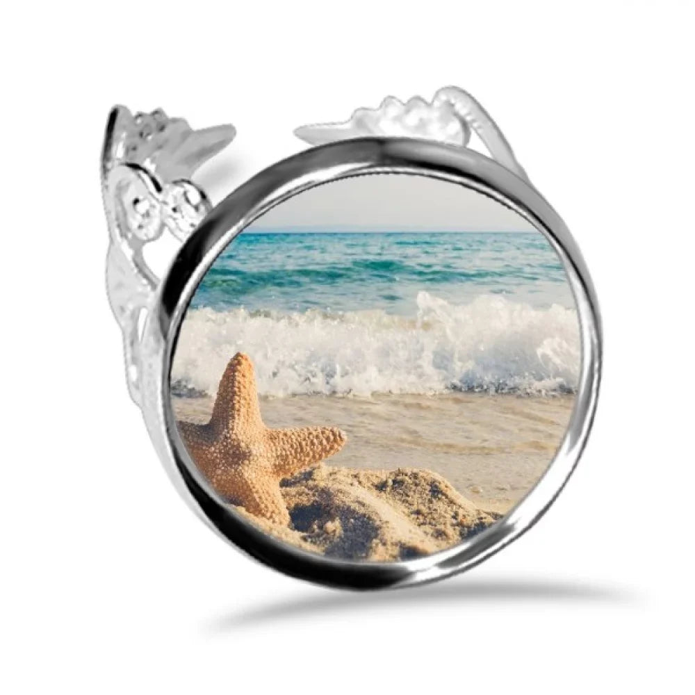 Ocean Sand Beach Starfish Sea Picture Ring Adjustable Love Wedding Engagement