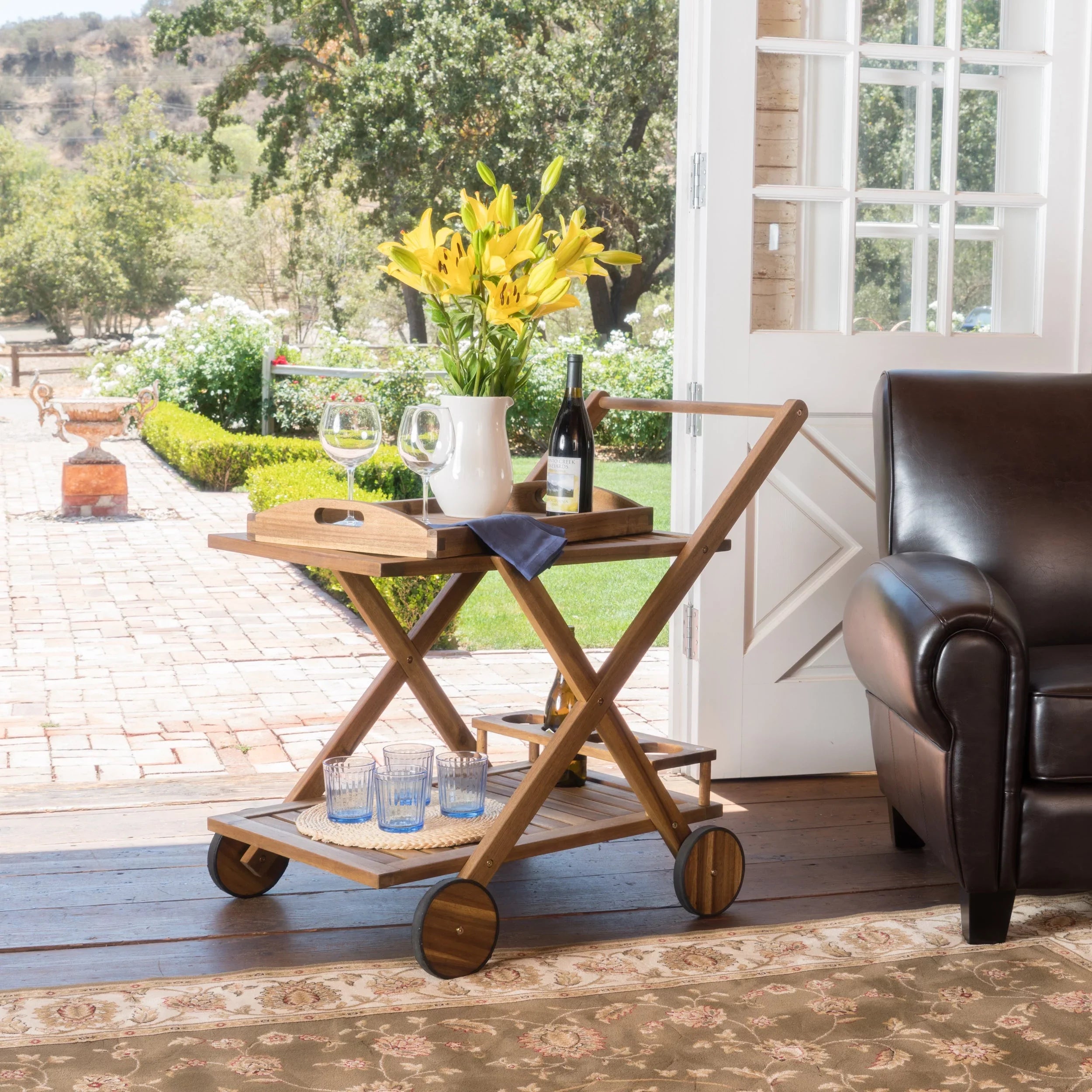 Huppert Acacia Wood Indoor Bar Cart, Natural Stained