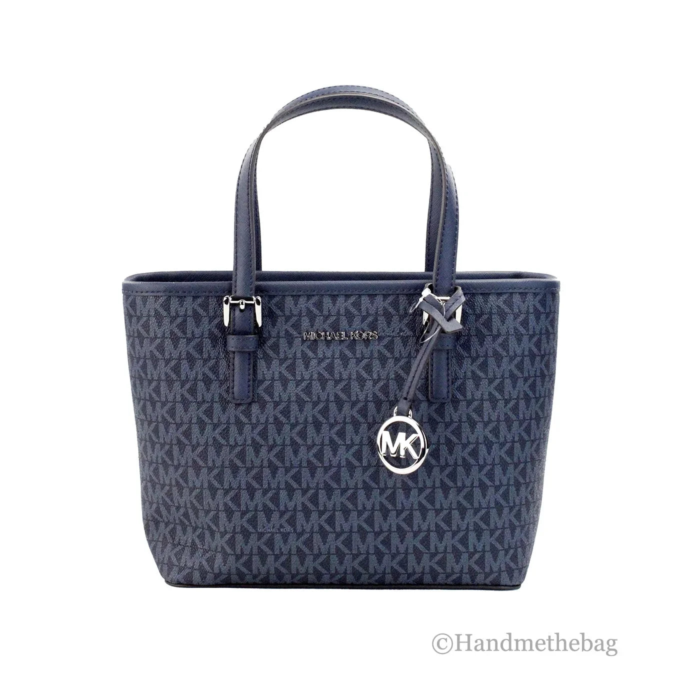 Michael Kors Jet Set Navy  Leather  Carryall Top Zip Tote Bag Purse