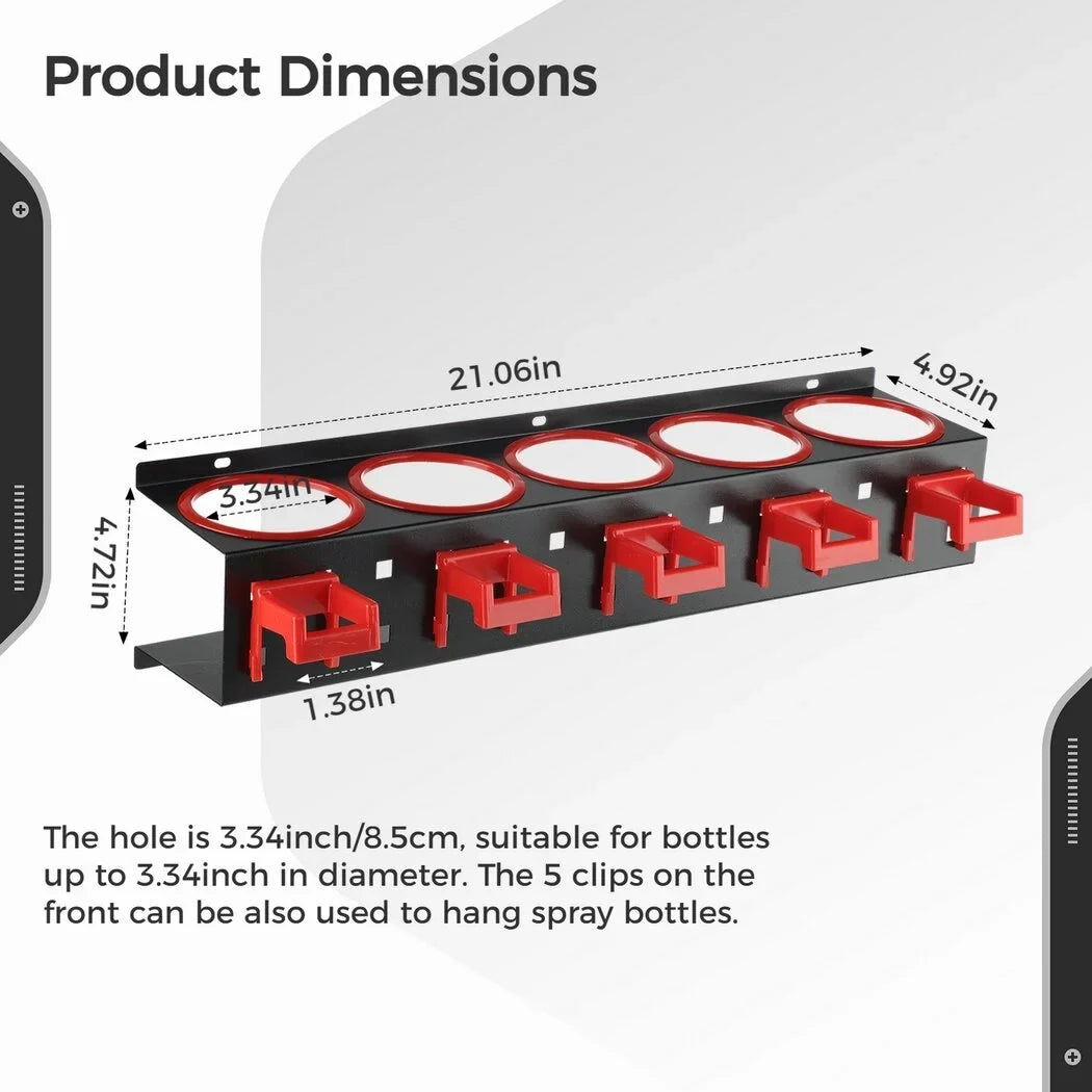 2Pcs Spray Bottle Storage Racks, Squeeze Bottle Holders, Wall Mount Organizers with 5 Holes & 5 Hooks, Auto Cleaning Detailing Tools Hangers, Car Beauty Shop Accessories