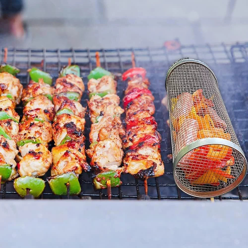 2PC Rolling Grilling Basket，Round Barbecue  Grilling Basket ，Portable Outdoor Camping  Rack for Fish, Shrimp, Vegetables, Barbeque Griller Cooking Accessories