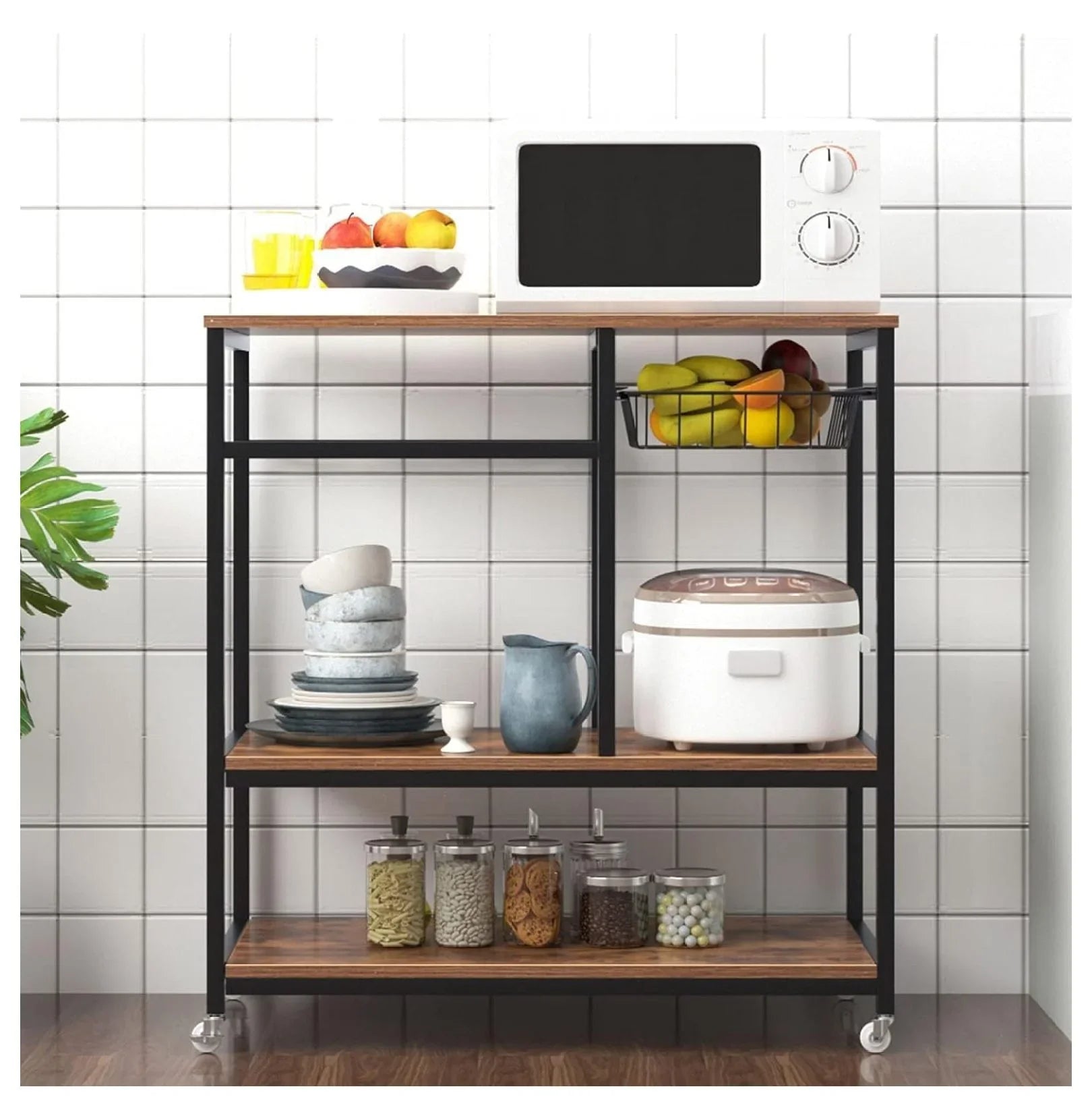 oddfain Microwave Carts for Kitchen with Storage 3 Tier Rolling Bakers Rack Utility Kitchen Serving Cart on Wheels Outdoor Bar Cart Coffee Station, Dark Brown
