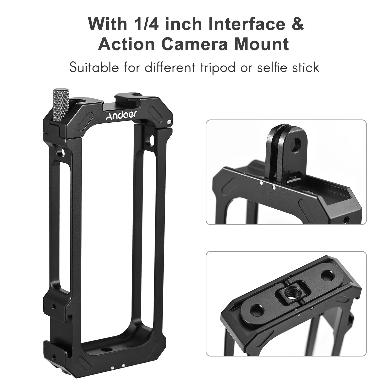 Andoer Aluminum Alloy Sports Camera Video Cage with Dual Cold Shoe Mounts - Metal Protective Frame Vlog Accessories for Insta360