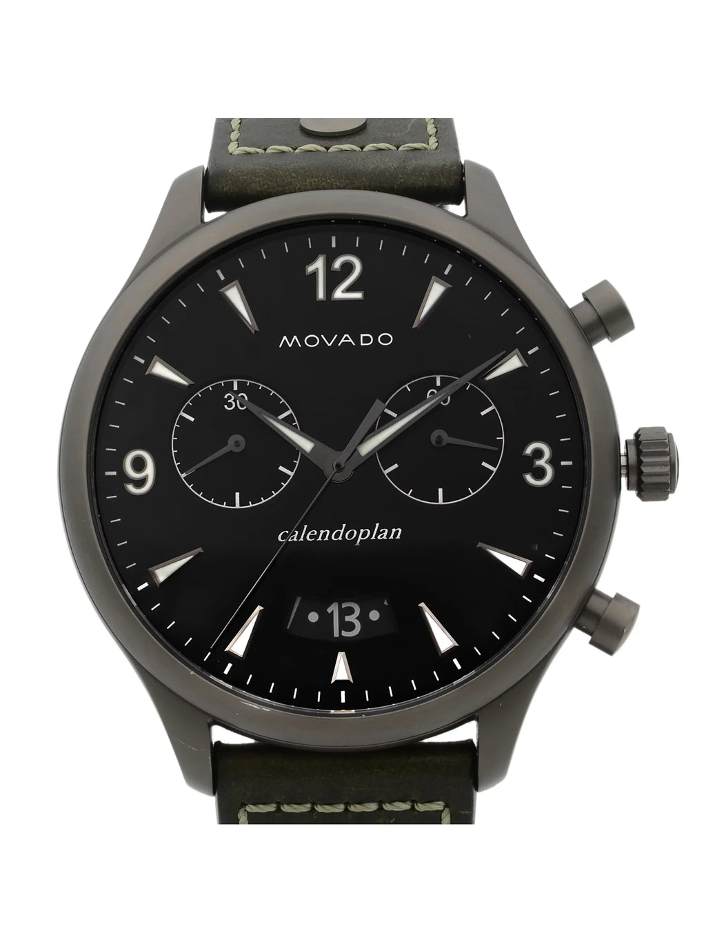 Movado Heritage Gunmetal Steel Green Leather Black Dial Quartz Watch 3650029 Pre-Owned