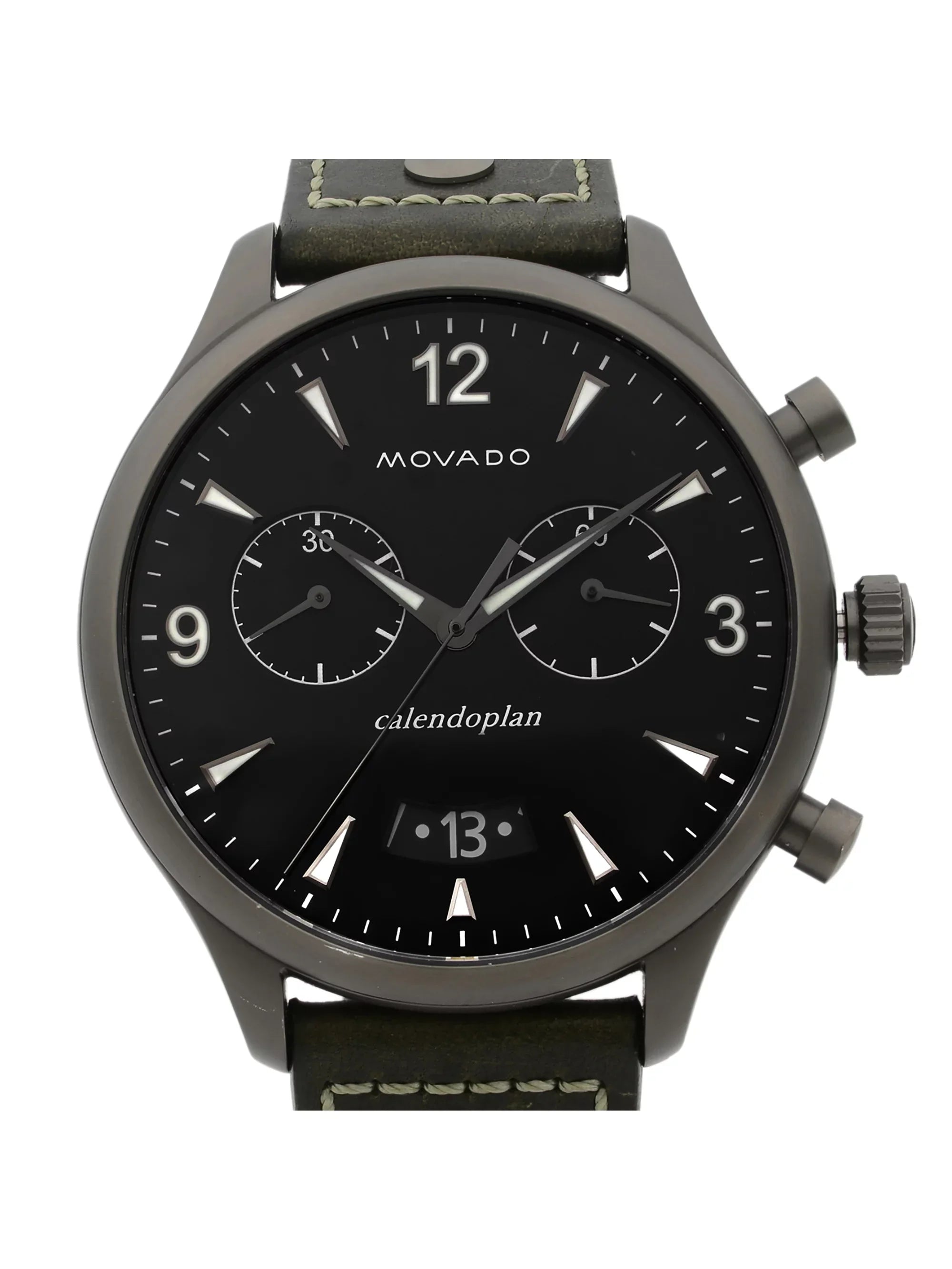 Movado Heritage Gunmetal Steel Green Leather Black Dial Quartz Watch 3650029 Pre-Owned