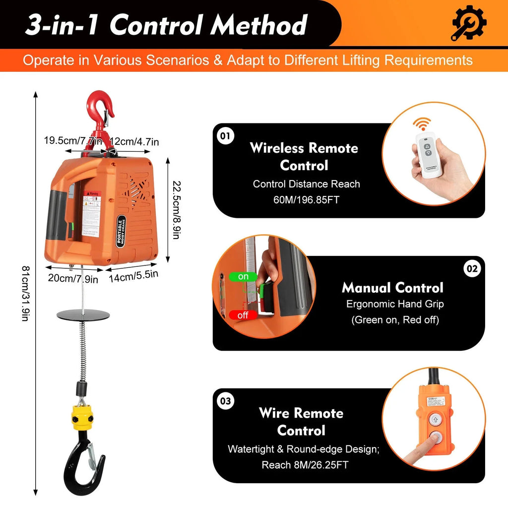 Portable 3-in-1 Electric Winches 300kg/660 lbs Hoist Winch Crane Lift / Remote