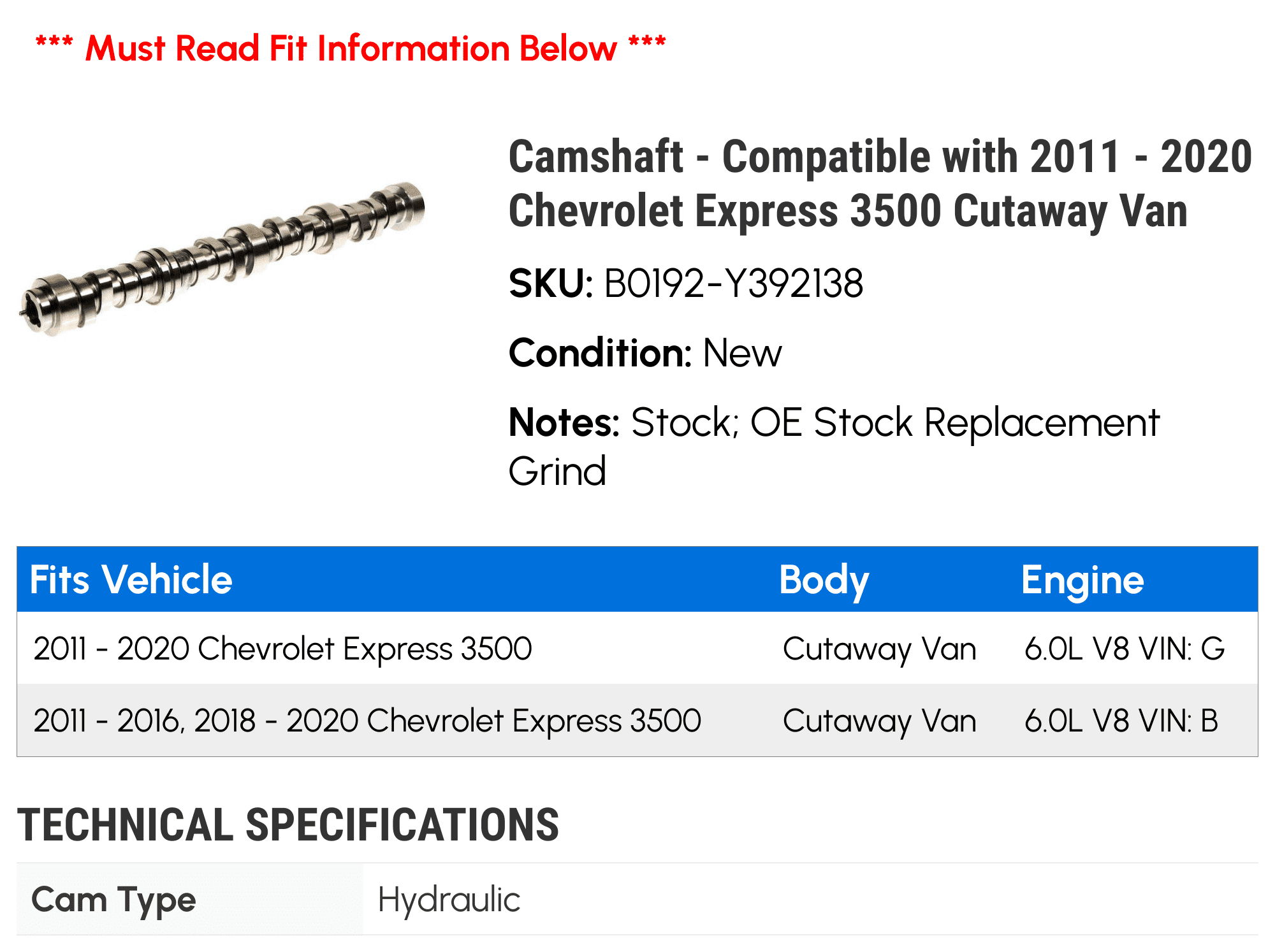 Camshaft - Compatible with 2011 - 2020 Chevy Express 3500 Cutaway Van 2012 2013 2014 2015 2016 2017 2018 2019