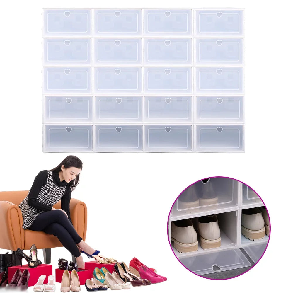 Loyalheartdy 20Pcs Foldable Flip Shoe Storage Boxes Stackable Drawer Shoe Box Plastic Clamshell Container Organizer Case Clear
